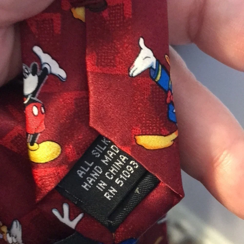 Mickey Unlimited Silk Handmade Mickey Donald Pluto Goofy Dark Red Necktie Retro